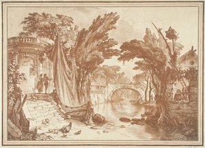 Paysage méridional avec maisons au bord de la rivière - Gilles Demarteau