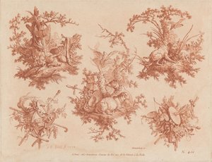 Cinq Trophées avec Thèmes de Chasse, Amour et Folie - Gilles Demarteau, the Elder, and Jean Baptiste Hüet