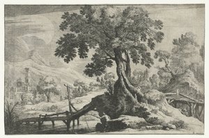 Paysage fluvial avec un pêcheur sur un pont