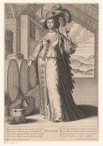 Dame avec un verre de vin près de tonneaux de vin, avec vue sur une plantation de vin (Automne) (Quatre saisons) - Gilles Rousselet