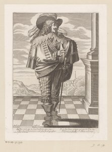 Gentilhomme debout sur une terrasse, avec un paysage en arrière-plan