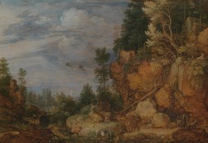 Paysage rocheux avec des cerfs et des chèvres