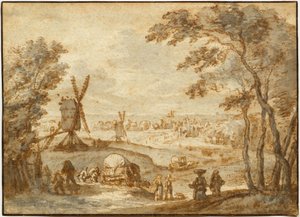 Paysage avec moulins à vent devant une ville, avec marcheurs et chariot couvert au premier plan - Gillis Neyts
