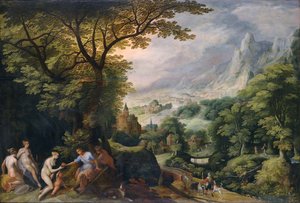 Paysage montagneux dans lequel est représenté le "Jugement de Paris".