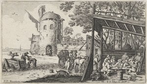 Boeren rond een tafel in een schuur (de Smaak) (Landschappen met de vijf zintuigen)