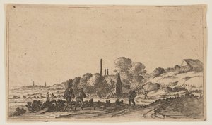 Figures sur un chemin devant des fermes sur les dunes, extrait de Douze paysages