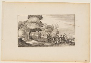 Hommes avec mousquets sur un chemin menant à travers bois, d
