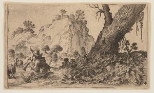 Berger jouant de la flûte à bec avec un troupeau de chèvres, extrait de Douze paysages - Gillis van Scheyndel