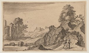 Trois piétons sur un pont en bois traversant un ruisseau, extrait de Douze paysages - Gillis van Scheyndel