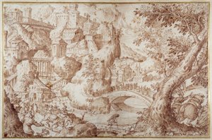 Paysage montagneux fantastique avec des ponts enjambant des ravins, une ville et des voyageurs - Gillis van Valckenborch