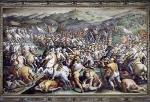 Bataille de Scannagallo en Valdichiana (Val di Chiana). Fresque de Giorgio Vasari et son atelier (1511-1574). Palazzo Vecchio (Salone dei Cinquecento)
