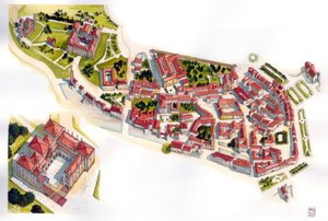 Vue aérienne de la ville de Guimaraes : à gauche, le château et le monastère construits au 11e siècle. Portugal. Illustration de Giorgio Albertini. (L