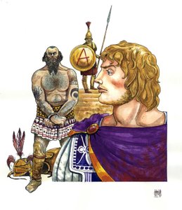 Antiquité : le roi de Macédoine Alexandre le Grand (356-323 av. J.-C.), derrière lui des pirates phéniciens (Carthaginois) dont il détruisit les flottes vers 332 av. J.-C. - Giorgio Albertini