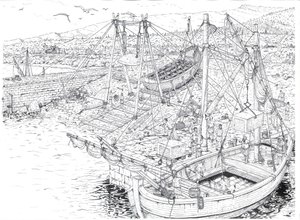 Antiquité : le transport par bateau de marbre provenant probablement des carrières de Carrare (Carrara). IIe siècle après JC Italie Illustration de Giorgio Albertini. (L