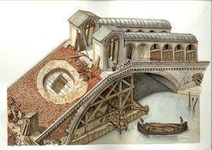 Architecture : chantier de construction du Pont du Rialto en 1588-1591 a Venise, Italie. Illustration de Giorgio Albertini. (L