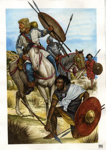 Barbare : un guerrier Alain, un vandale (blond un cheval) et un berbère (soldat alan, vandale et berbère)