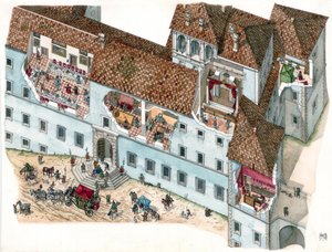 Art baroque : vue et coupe architecturale du palais Chigi a Ariccia, Lazio, au XVIIe siècle. L