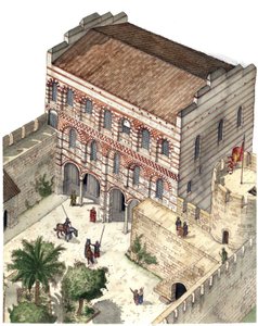 Art byzantin : reconstitution du palais de Constantin Porphyrogénète à Constantinople au XIIIe siècle.