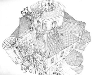 Art byzantin : représentation du chantier de construction de la basilique Saint-Vital (Saint Vital ou San Vitale) à Ravenne au Ve siècle. Vue aérienne montrant les ouvriers sur l