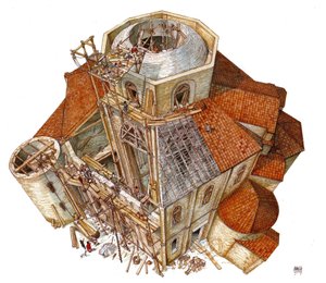Art byzantin : représentation du chantier de construction de la basilique Saint-Vital (Saint Vital ou San Vitale) à Ravenne au Ve siècle. Vue aérienne montrant les ouvriers sur l