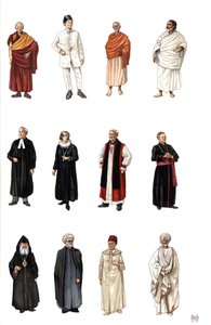 Costumes et robes de membres du clergé de différentes religions, moine bouddhiste, orthodoxe, cardinal, pasteur protestant.