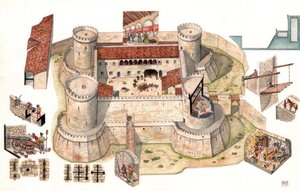 Vue aérienne détaillée du château aragonais de Venosa construit par Pirro del Balzo en 1470, près de Potenza en Basilicate, Italie Les coupes permettent de voir les prisonniers dans les cellules à l