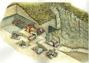 Civilisation étrusque : reconstruction et découpage de la tombe François de Vulci. IIIe siècle avant J.-C. Italie - Giorgio Albertini