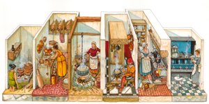 Vie quotidienne : évolution des fourneaux et des systèmes de cuisson des aliments, de gauche à droite, cuisine antique, centre de la cuisine médiévale, plaques de cuisson à droite et fourneaux plus modernes. - Giorgio Albertini