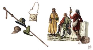 Mode médiévale : costume pelerin entre le 12e et le 14e siècle, sac, chapeaux, canne, tuniques. - Giorgio Albertini