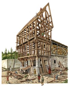 Moyen Âge : chantier dans une région du nord de la France au XIVe siècle, charpentiers et menuisiers travaillent la structure en bois d