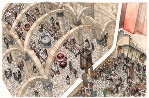 Moyen Âge : un réfectoire et une cuisine dans un monastère. Les religieux travaillent à la préparation des repas de la communauté. 12e ou 13e siècle - Giorgio Albertini