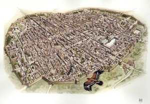 Moyen Âge : vue aérienne de Damas, Syrie, à l