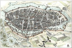 Moyen Âge : vue aérienne de la ville de Lubeck en Allemagne avec plan des rues, montrant sa position géographique sur une île au confluent des rivières Wakenitz et Trave. 15e siècle. Allemagne Illustration de Giorgio Albertini. (L