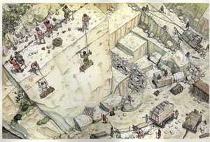 Moyen Âge : vue aérienne représentant des ouvriers travaillant dans les carrières de marbre de Carrare (Carrara) au XVe siècle. Les différentes étapes sont représentées, extraction, taille des blocs, transport. Italie Illustration de Giorgio Albertini. (L
