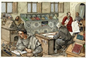 Moyen Âge : des moines copient des manuscrits dans un scriptorium au XIIIe siècle. Illustration de Giorgio Albertini. - Giorgio Albertini