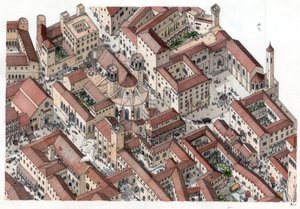 Moyen Âge : reconstitution du quartier historique du Barri Gotic (barrio gotico) à Barcelone au XIVe siècle. La cathédrale Sainte-Eulalie est visible. Espagne Illustration de Giorgio Albertini. (L