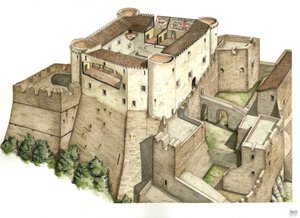 Moyen Âge : reconstruction du château Santa Severina, construit au XIe siècle, à Catanzaro. Calabre Italie Illustration de Giorgio Albertini. (L