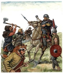 Moyen Âge : scène de la bataille de Roncevaux (Pays basque espagnol), le cavalier franc de l