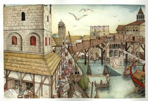 Moyen Âge : vue du pont du Rialto au XIe siècle et activités à Venise, Italie. - Giorgio Albertini