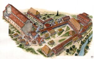 Art préromain : vue aérienne du monastère de bénédiction de Saint Vincent (St. Vincent) de Volturne (Abbadia di San Vincenzo al Volturno) fondé au VIIIe siècle. Castel san Vincenzo, Italie Illustration de Giorgio Albertini. (L