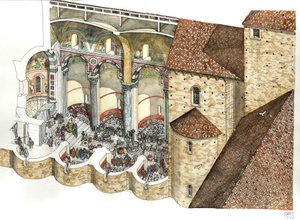 Reconstitution de la basilique Saint-Jean-de-Latran (Saint-Jean-de-Latran ou San Giovanni in Laterano) au VIIIe siècle : la coupe architecturale permet de voir le triclinium, et la cérémonie d
