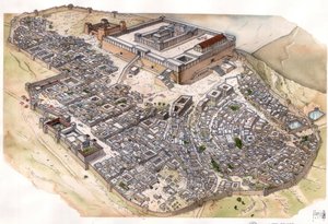 Antiquité romaine : reconstitution de la ville de Jérusalem, le temple domine la ville, à côté de la forteresse Antonia, qui abritait la garnison romaine. Israël. - Giorgio Albertini