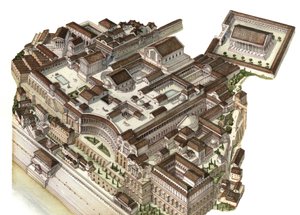 Antiquité romaine : reconstruction du mont Palatin (Glue Palatino) au IVe siècle, les empereurs successifs (Auguste, Néron, Septime Sévère) y construisent leurs palais respectifs. Rome Italie - Giorgio Albertini