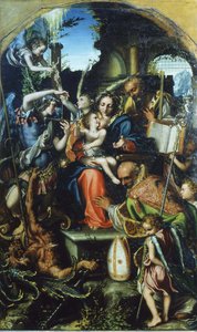 Sainte Famille avec Saint Michel Archange et le Diable disputant les âmes, Saint Bernhard et