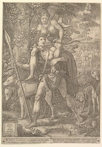 Allégorie de la chasse, un chasseur tenant une grande lance portant une femme Diana sur ses épaules, 1556