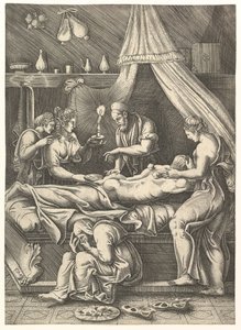 Allégorie de la maladie, homme allongé sur un lit entouré de figures