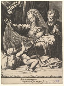 Madone de Lorette, la Vierge soulève un voile au-dessus de l