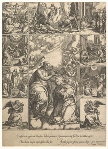 Couronnement de la Vierge, entouré de neuf vignettes avec des scènes de la vie de..., avant 1575