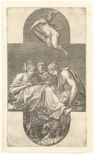 Trois muses et un putto avec une lyre, une composition cruciforme, d
