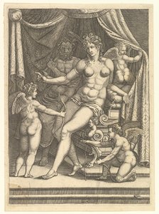 Vénus et Vulcain assis sur un lit et trois putti, milieu des années 1550 - Giorgio Ghisi